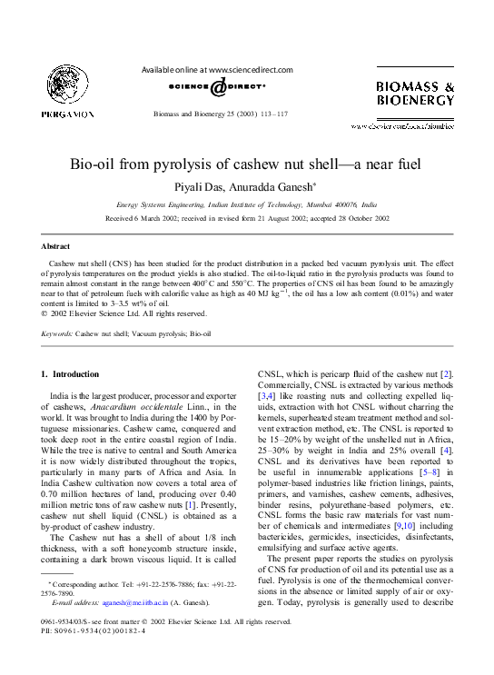 (PDF) Bio-oil from pyrolysis of cashew nut shell—a near fuel