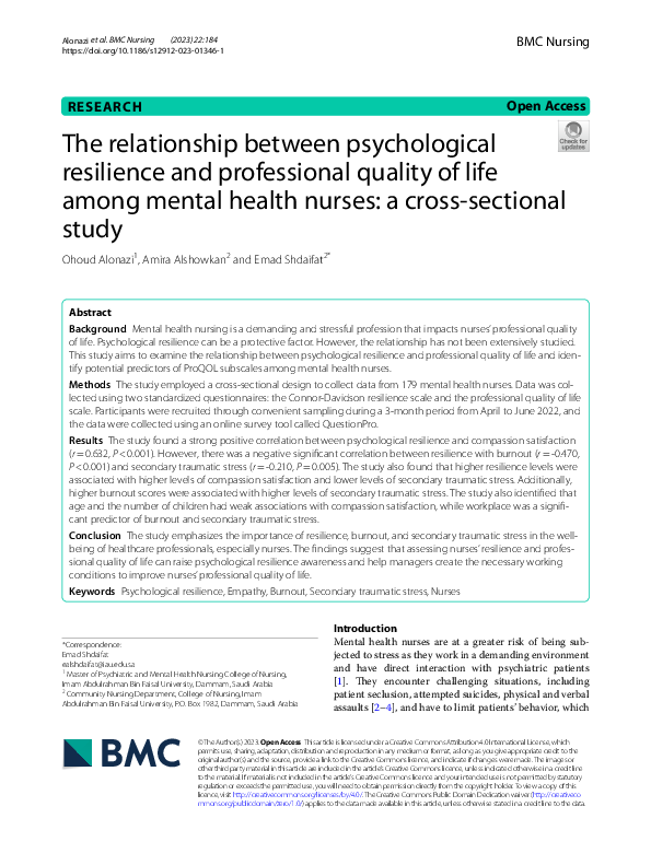 (PDF) Psychological Resilience and Quality of Life in Mental Health Nurses