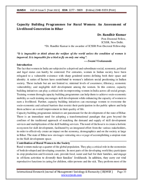 (PDF) Capacity Building Programmes for Rural Women: An Assessment of ...