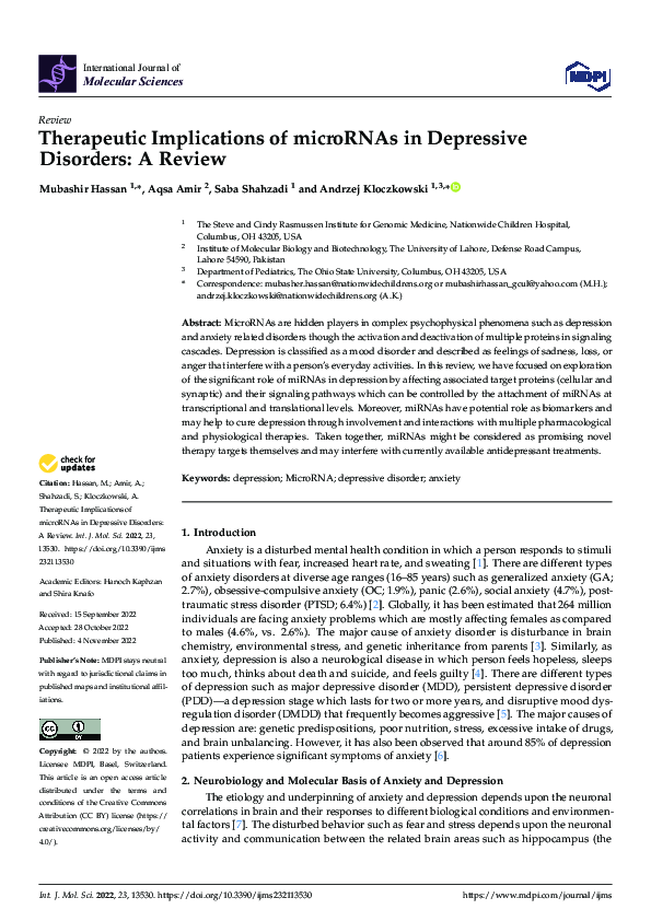 (PDF) Therapeutic Implications of microRNAs in Depressive Disorders: A ...