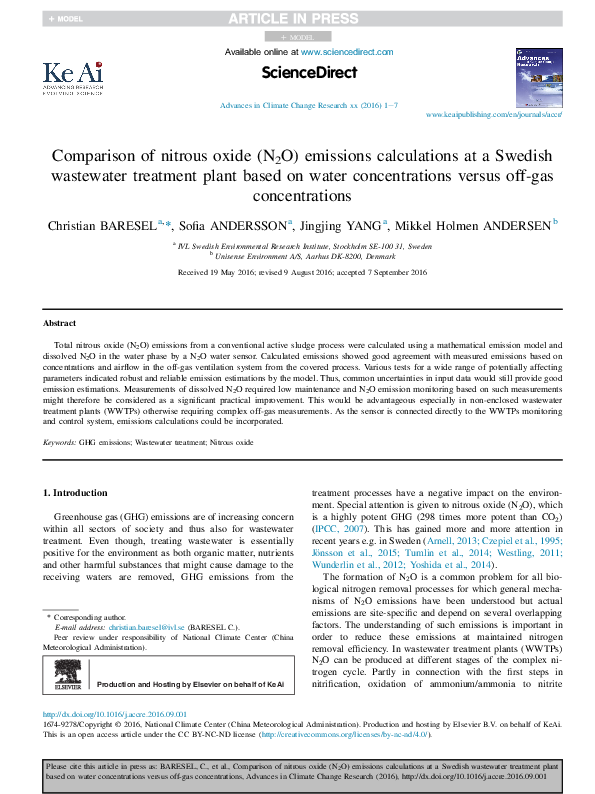 (PDF) Comparison of nitrous oxide (N 2 O) emissions calculations at a ...