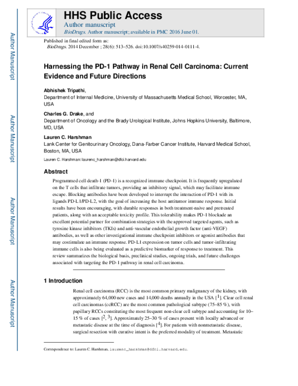 (PDF) Harnessing the PD-1 Pathway in Renal Cell Carcinoma: Current ...
