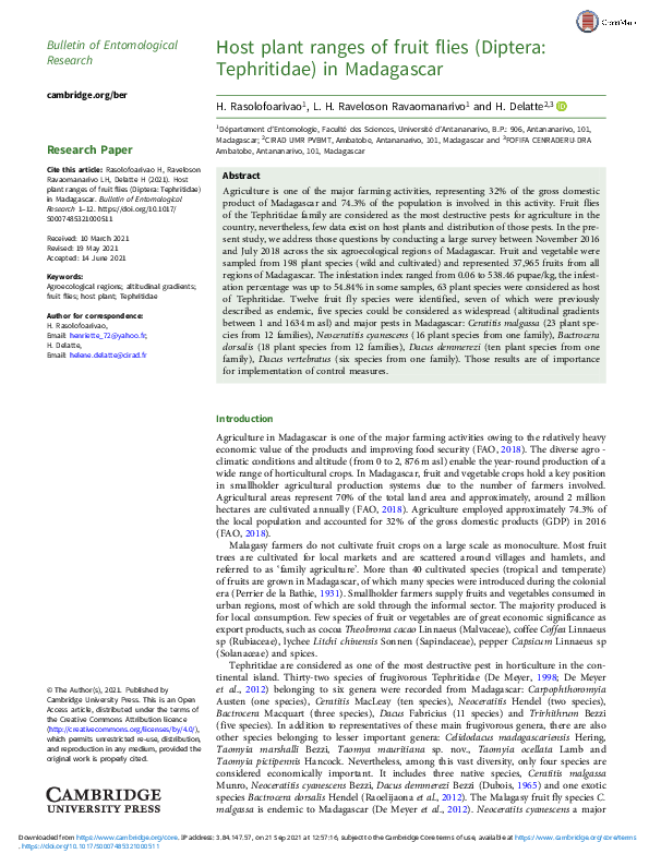 (PDF) Host plant ranges of fruit flies (Diptera: Tephritidae) in Madagascar