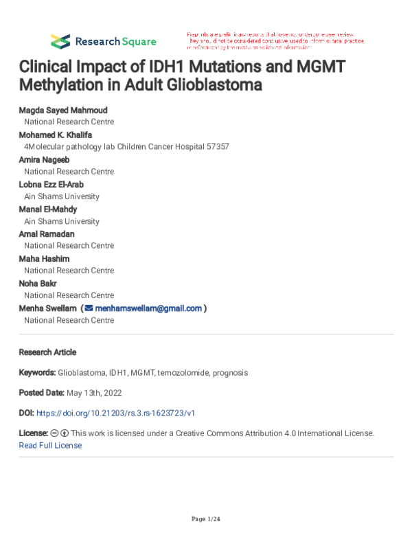 (PDF) Clinical Impact of IDH1 Mutations and MGMT Methylation in Adult ...