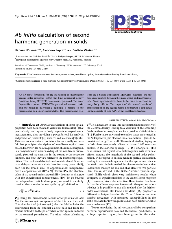 (PDF) Ab initio calculation of second harmonic generation in solids