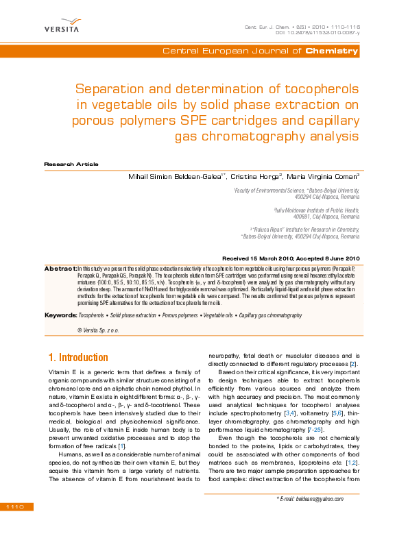 (PDF) Separation and determination of tocopherols in vegetable oils by ...