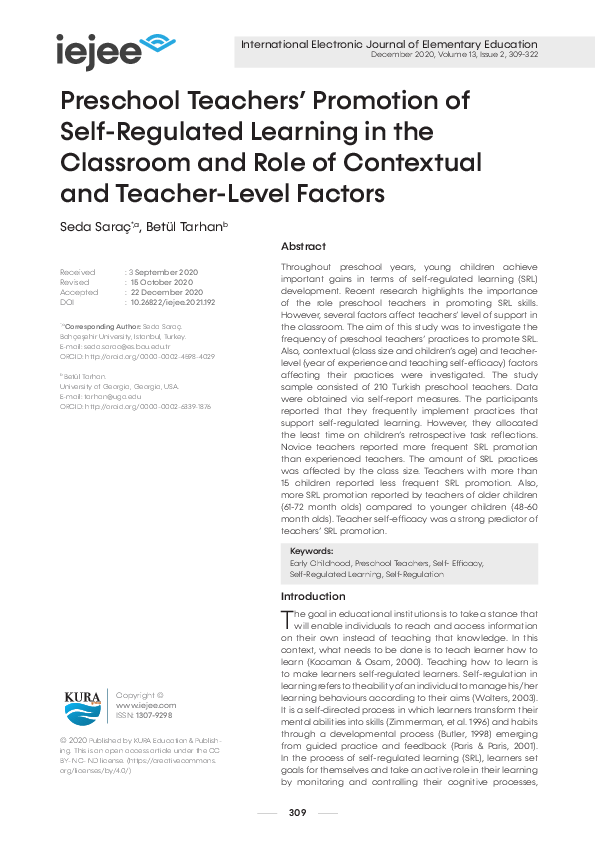 (PDF) Preschool Teachers Promotion of Self-Regulated Learning in the ...