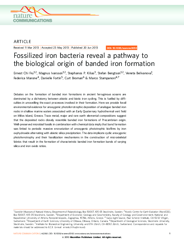 (PDF) Fossilized iron bacteria reveal a pathway to the biological