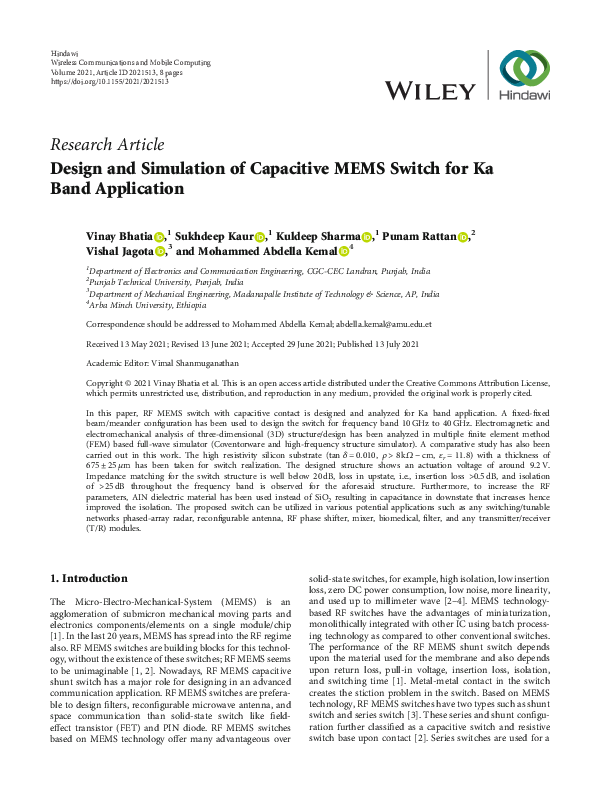(PDF) Design and Simulation of Capacitive MEMS Switch for Ka Band ...