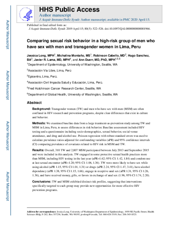 (PDF) Brief Report: Comparing Sexual Risk Behavior in a High-Risk Group ...