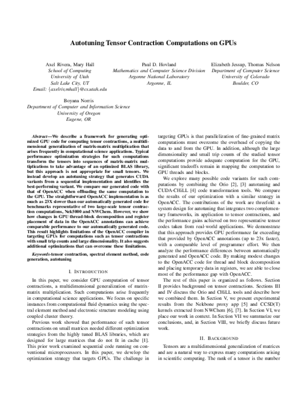 (PDF) Autotuning Tensor Contraction Computations on GPUs
