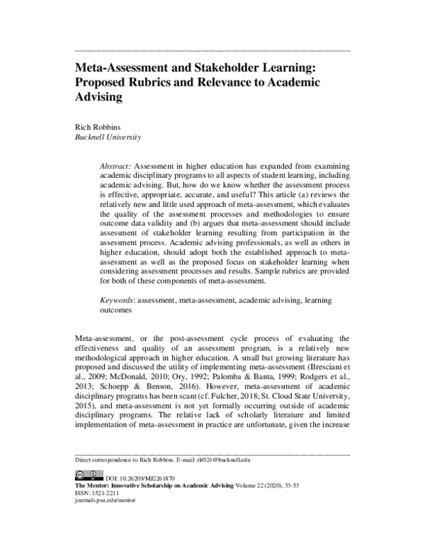 (PDF) Meta-Assessment and Stakeholder Learning: Proposed Rubrics and ...