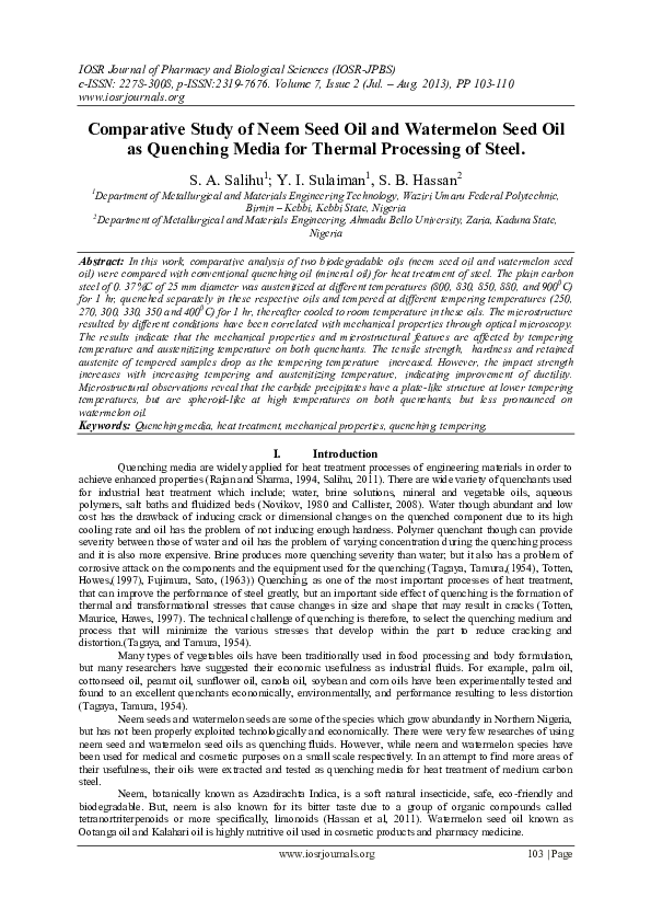 (PDF) Comparative Study of Neem Seed Oil and Watermelon Seed Oil as ...