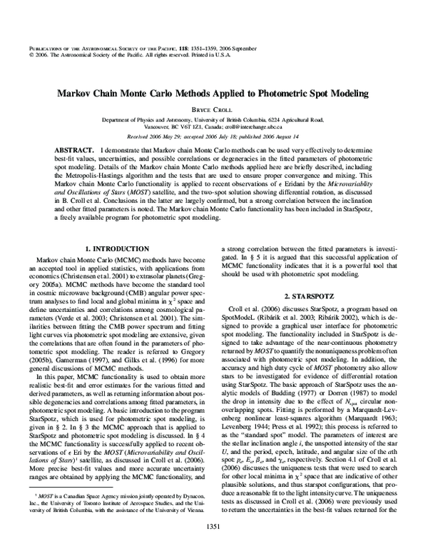 (PDF) Markov Chain Monte Carlo Methods Applied to Photometric Spot Modeling