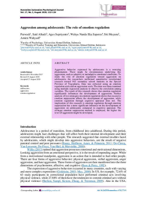(PDF) Aggression among adolescents: The role of emotion regulation
