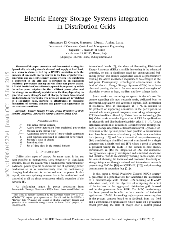 (PDF) Electric energy storage systems integration in distribution grids