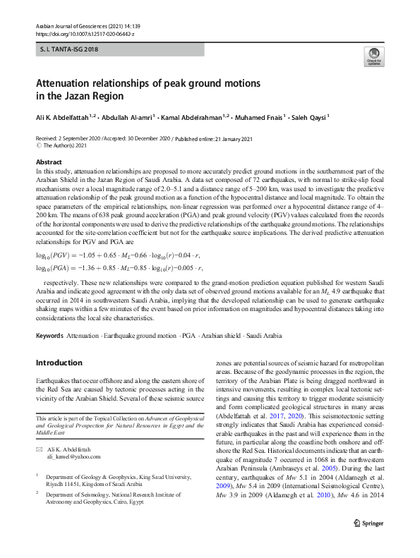 (PDF) Attenuation relationships of peak ground motions in the Jazan Region