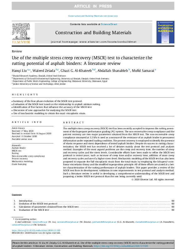 (PDF) Use of the Multiple Stress Creep Recovery (MSCR) Test Method to ...