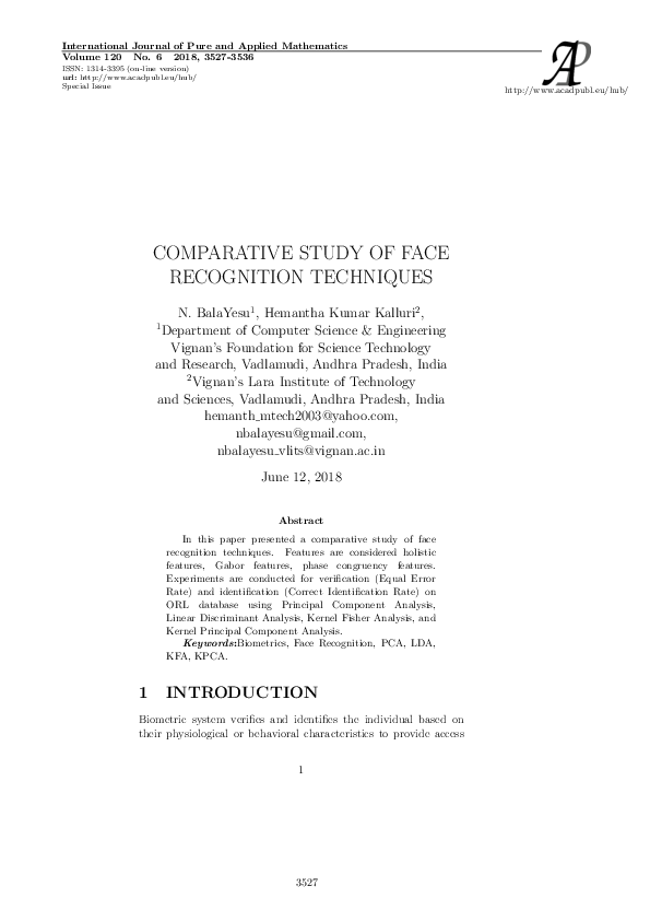 (PDF) Comparative Study of Face Recognition Techniques