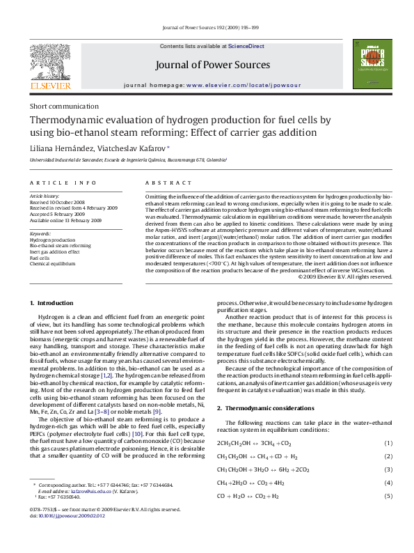 (PDF) Thermodynamic evaluation of hydrogen production for fuel cells by ...