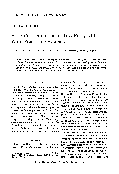 (PDF) Error Correction during Text Entry with Word-Processing Systems