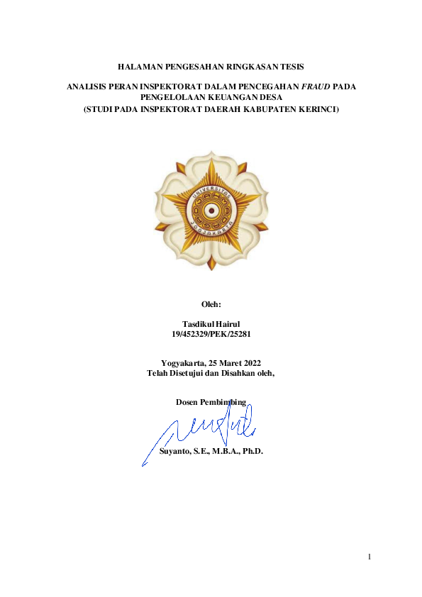 Analisis Peran Inspektorat Dalam Pencegahan Fraud Pada Pengelolaan Keuangan Desa (Studi Pada Inspektorat Daerah Kabupaten Kerinci)