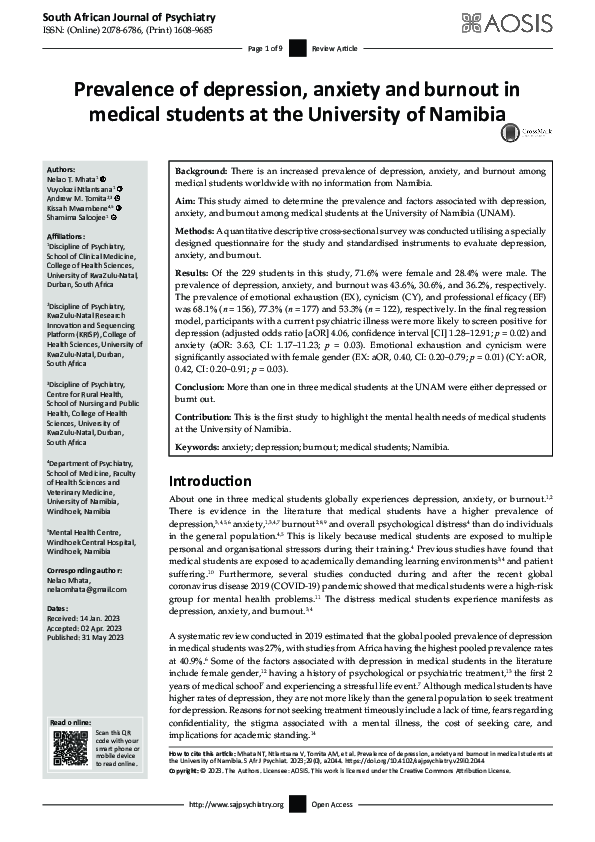 (PDF) Prevalence of depression, anxiety and burnout in medical students ...