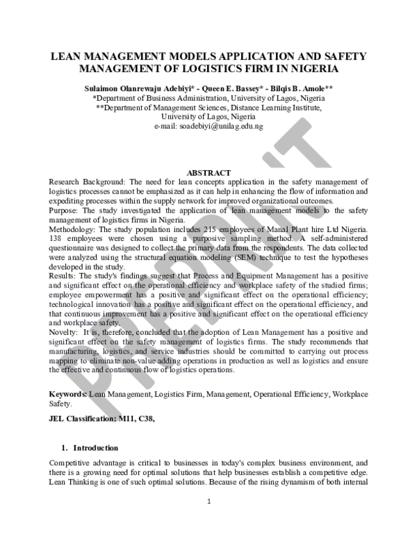 (PDF) LEAN Management Models Application and Safety Management of ...