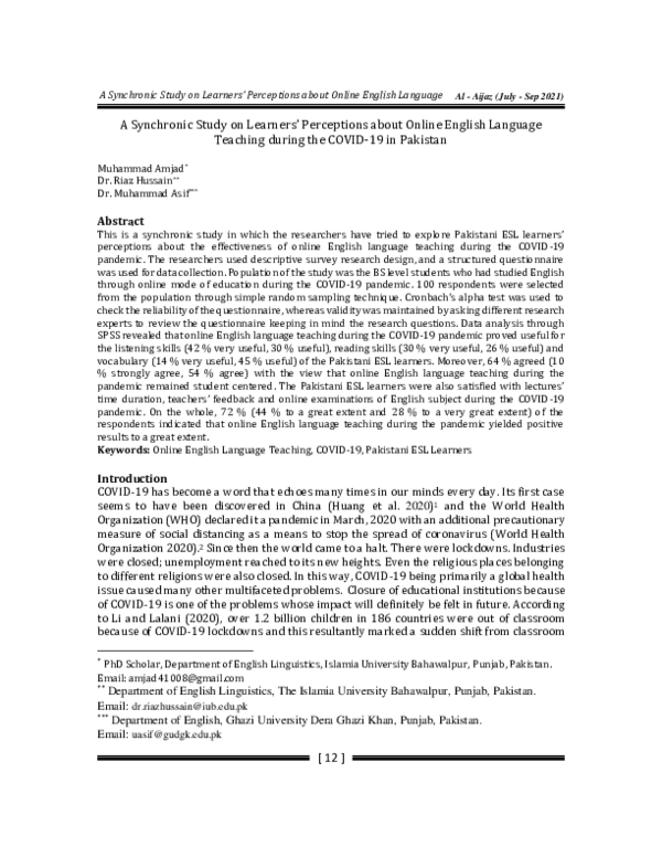 (PDF) E2- A Synchronic Study on Learners’ Perceptions about Online ...