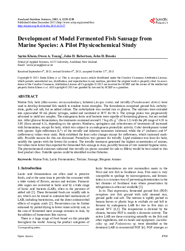 (PDF) Development of Model Fermented Fish Sausage from Marine Species