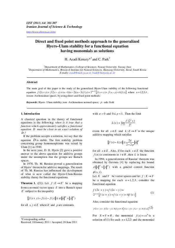 (PDF) Direct and Fixed Point Methods Approach to the Generalized Hyers ...