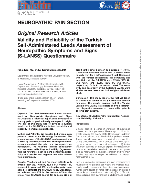 (PDF) Validity and Reliability of the Turkish SelfAdministered Leeds