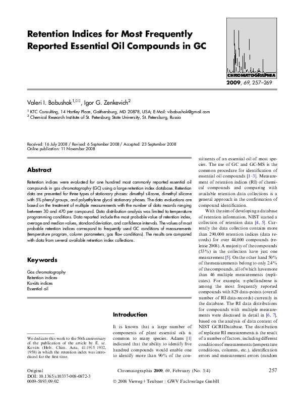(PDF) Retention Indices for Most Frequently Reported Essential Oil
