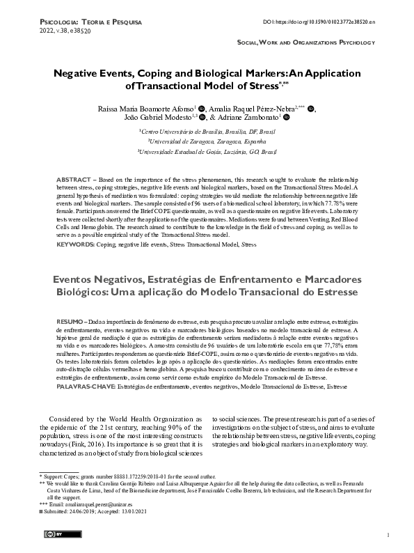 (PDF) Negative Events, Coping and Biological Markers: An Application of ...