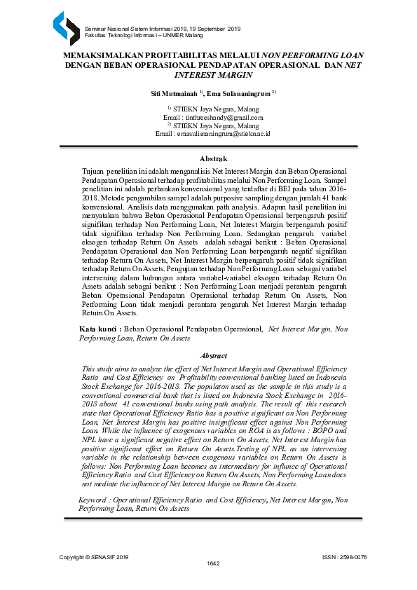Memaksimalkan Profitabilitas Melalui Non Performing Loan Dengan Beban Operasional Pendapatan Operasional Dan Net Interest Margin