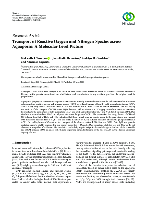 (PDF) Transport of Reactive Oxygen and Nitrogen Species across ...
