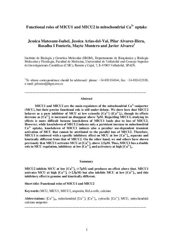 (PDF) Functional roles of MICU1 and MICU2 in mitochondrial Ca 2+ uptake