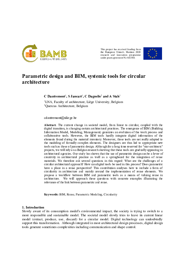 (PDF) Parametric design and BIM, systemic tools for circular architecture