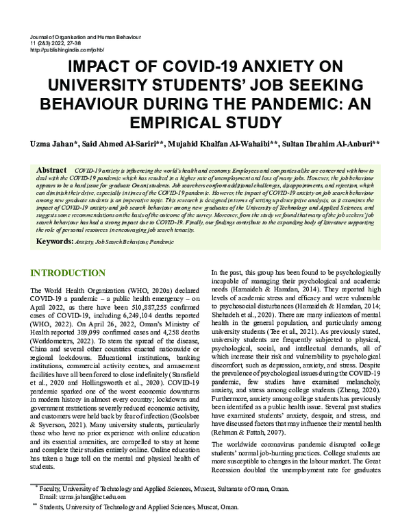 (PDF) Impact of COVID-19 Anxiety on University Students Job Seeking ...