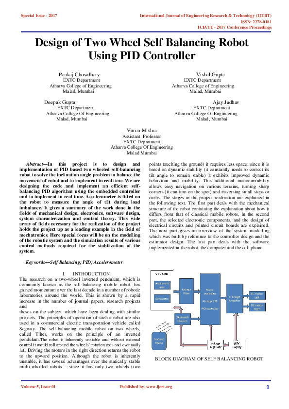 (PDF) Design of Two Wheel Self Balancing Robot Using PID Controller