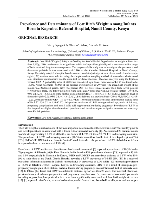 (PDF) Prevalence and Determinants of Low Birth Weight Among Infants ...