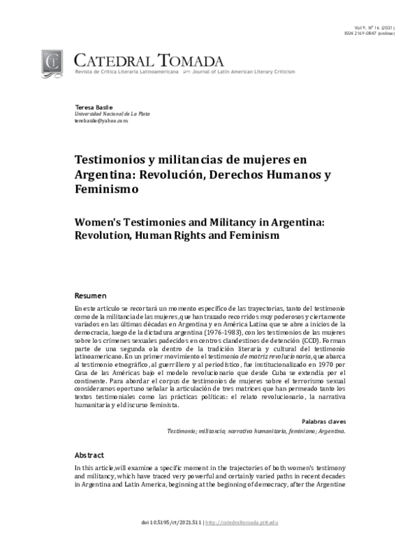 (PDF) Testimonios y militancias de mujeres en Argentina: Revolución ...