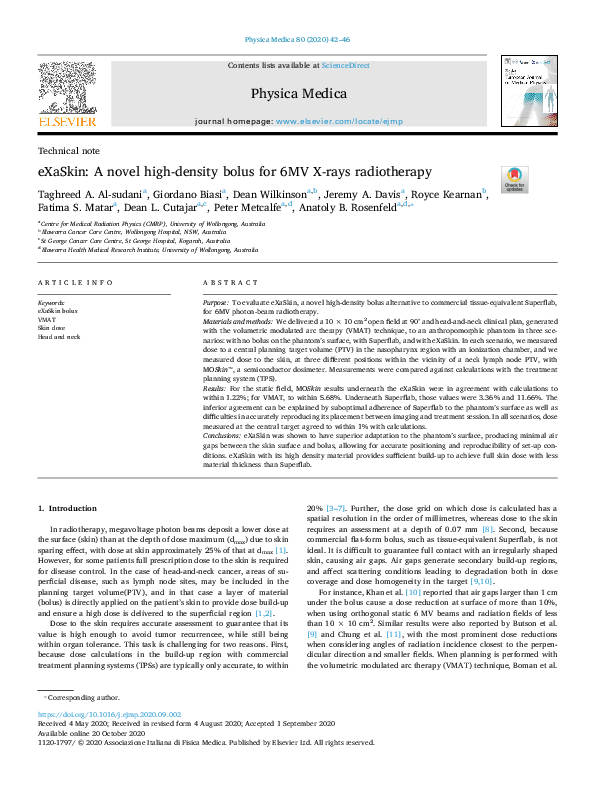 (PDF) eXaSkin: A novel high-density bolus for 6MV X-rays radiotherapy