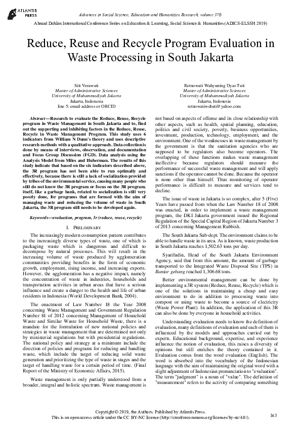 (PDF) Reduce, Reuse and Recycle Program Evaluation in Waste Processing ...