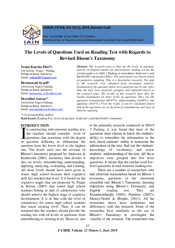 (PDF) The Levels of Questions Used on Reading Test with Regards to ...