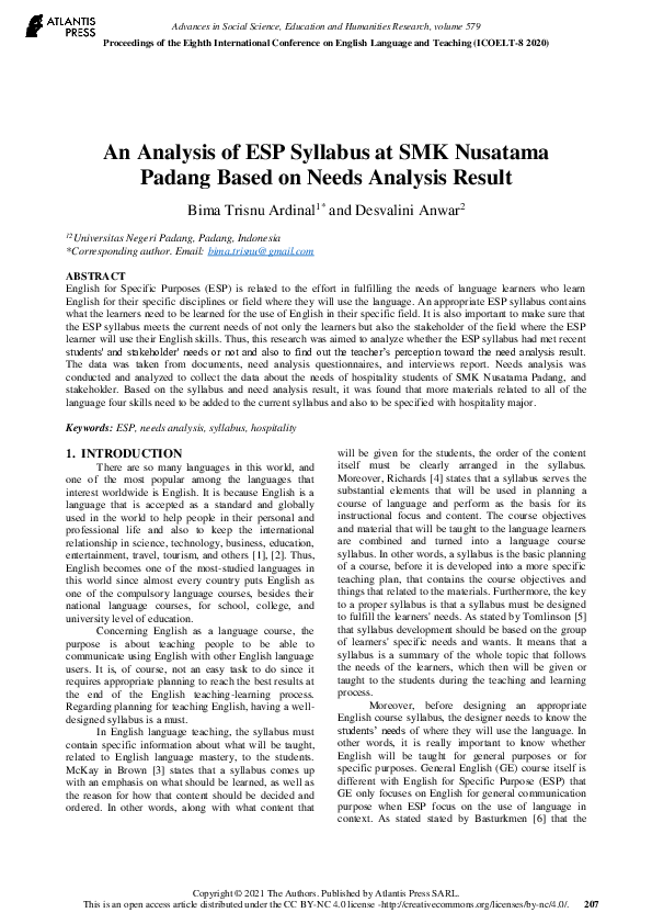 (PDF) An Analysis of ESP Syllabus at SMK Nusatama Padang Based on Needs ...