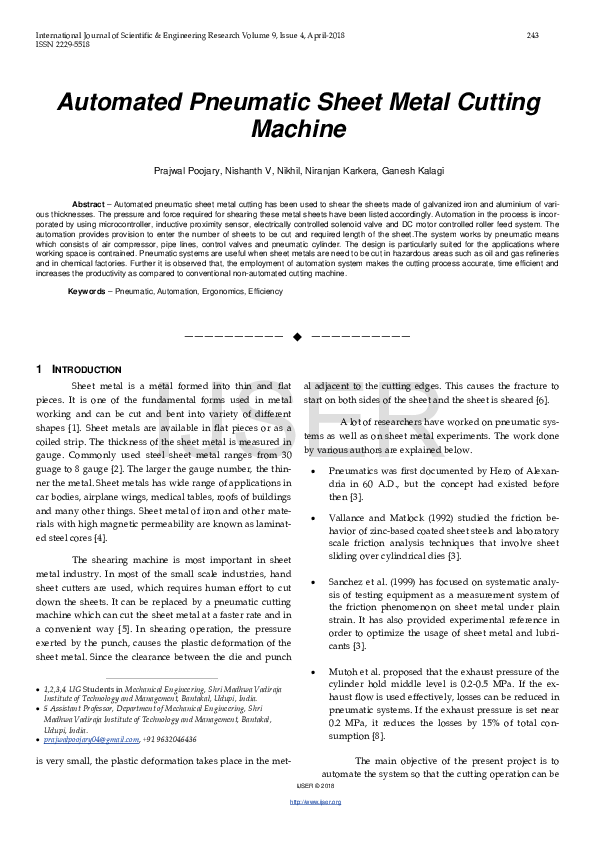 (PDF) Automated Pneumatic Sheet Metal Cutting Machine Prajwal Poojary