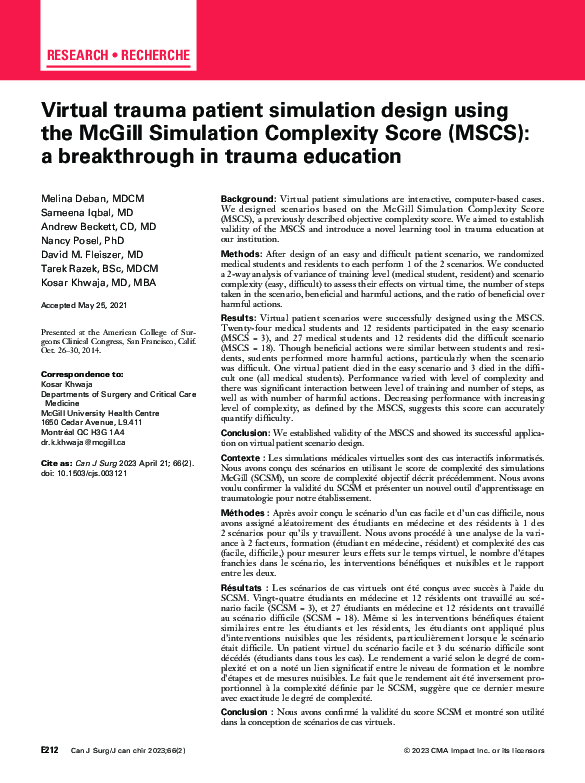 (PDF) Virtual trauma patient simulation design using the McGill ...