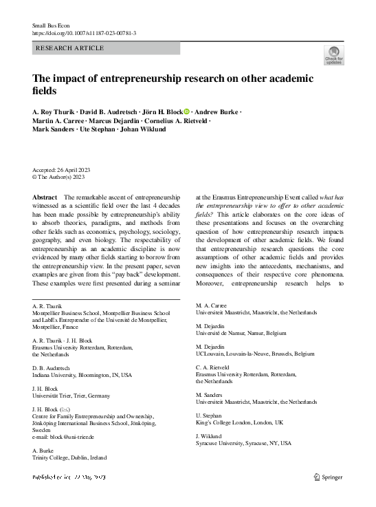 (PDF) The impact of entrepreneurship research on other academic fields