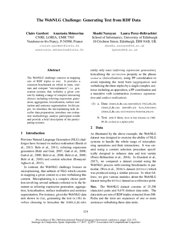 (PDF) The WebNLG Challenge: Generating Text from RDF Data